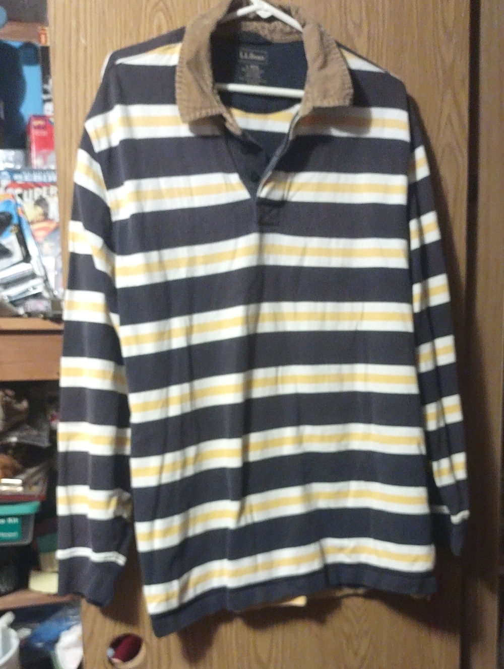 L.L. Bean Navy, White & Yellow Striped Long-Sleeve Rugby Style  Shirt